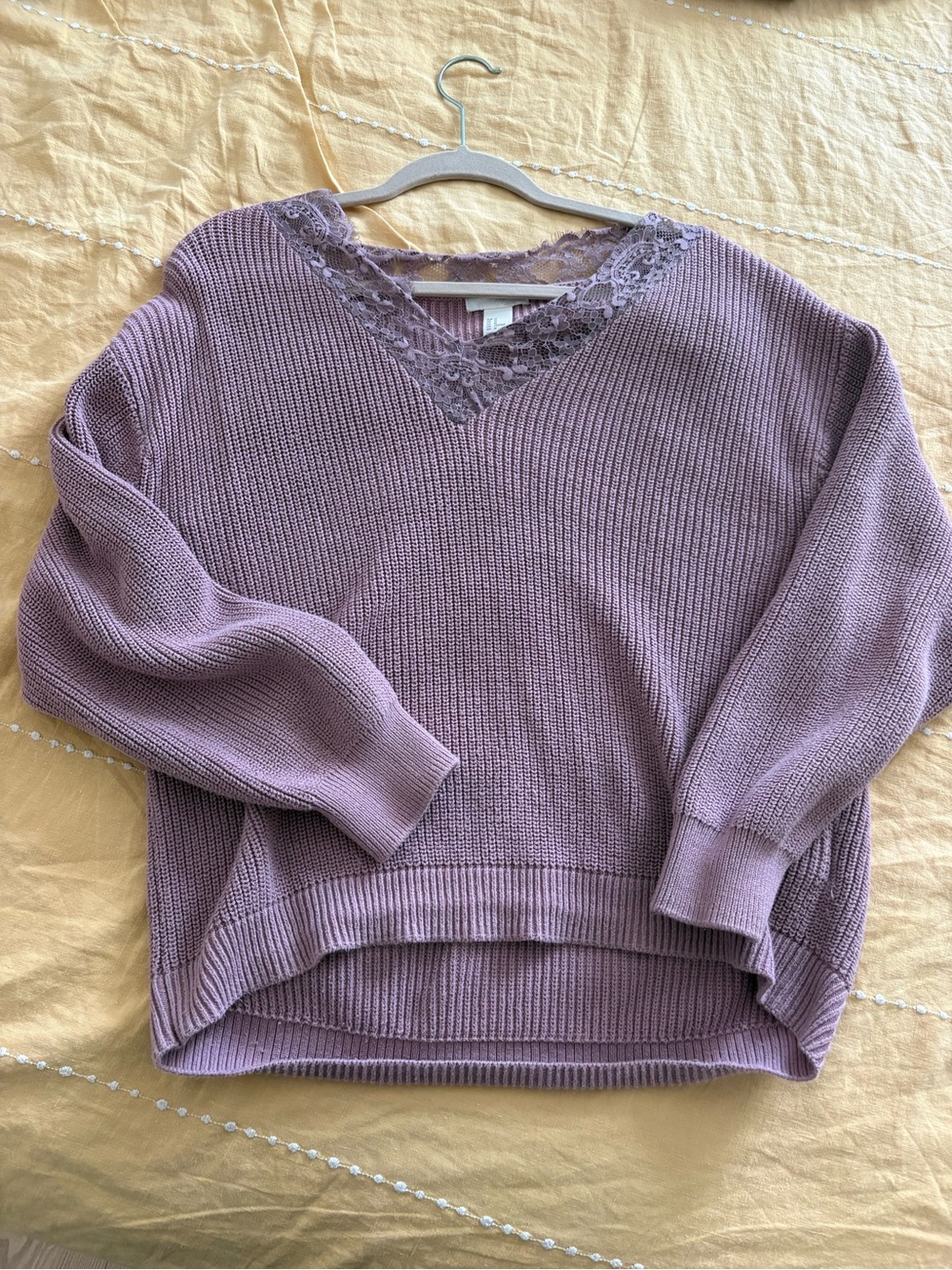H&M Mauve/lilac Lace-Trim V-Neck Knit Sweater